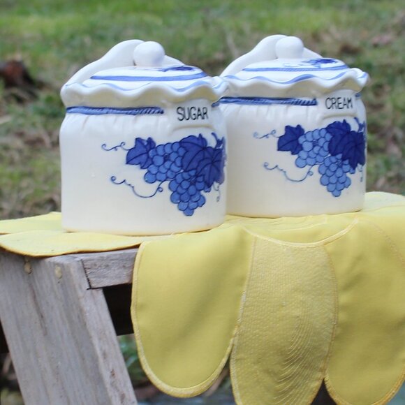 Vintage Ceramic Wall Pockets – Blue Grape Design – Farmhouse Canisters - Picture 9 of 15